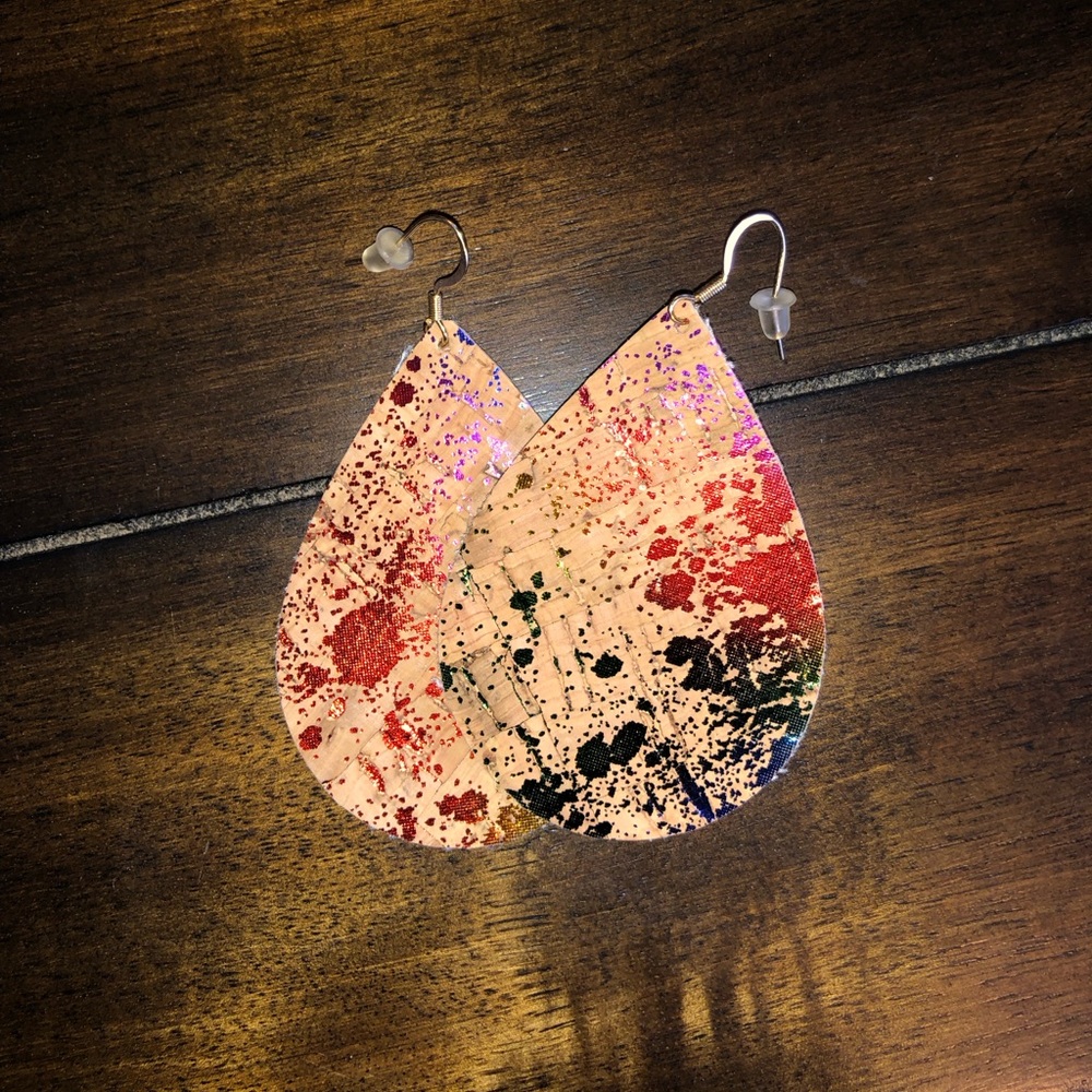 Rainbow cork board/Splatter Leather Earrings
